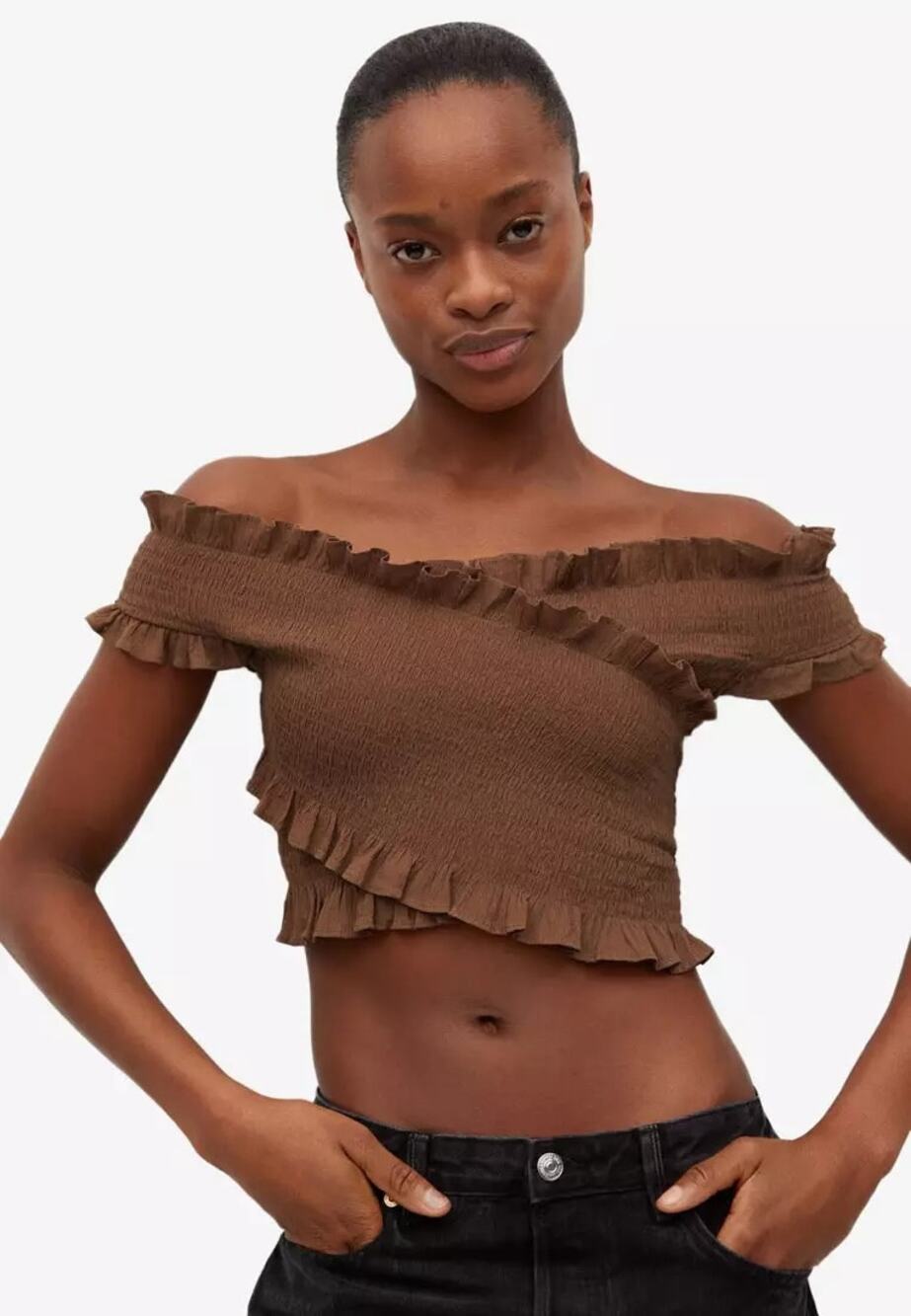 NEW Mango Cotton Wrapped Top Brown M off shoulder short sleeve
